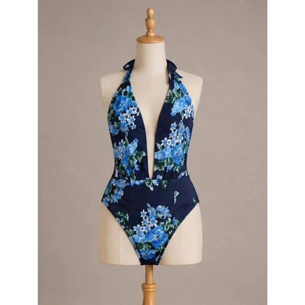 Plunge Deep V Neck One Piece Swimsuit 